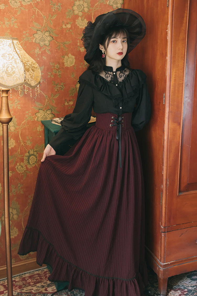 Crimson Noir High-Waist Lace Print Vintage Lolita Skirt Set with Long Sleeves