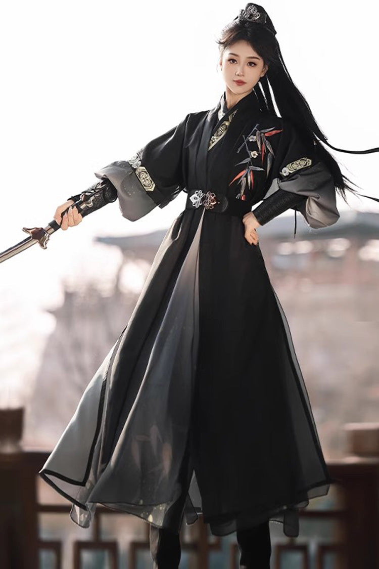 Vintage Hanfu Dress Set with Cross-Collar Gradient Embroidery & Knight Style