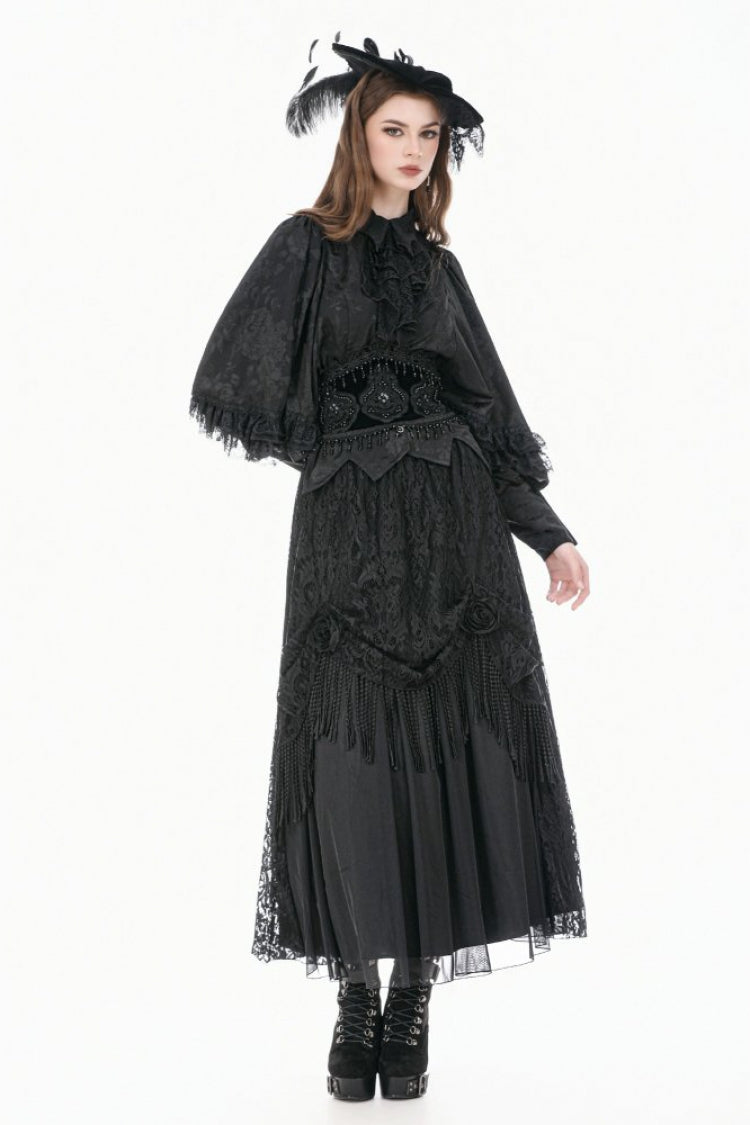Rose Jacquard Bishop Sleeve Blouse with Tie - Gothic Edge