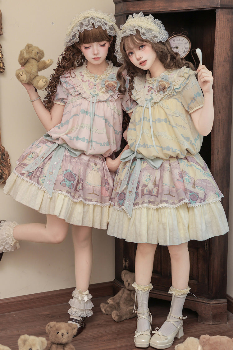 Rose Bear Print Bow Sweet Lolita Dress Set with Ruffled Short Sleeves