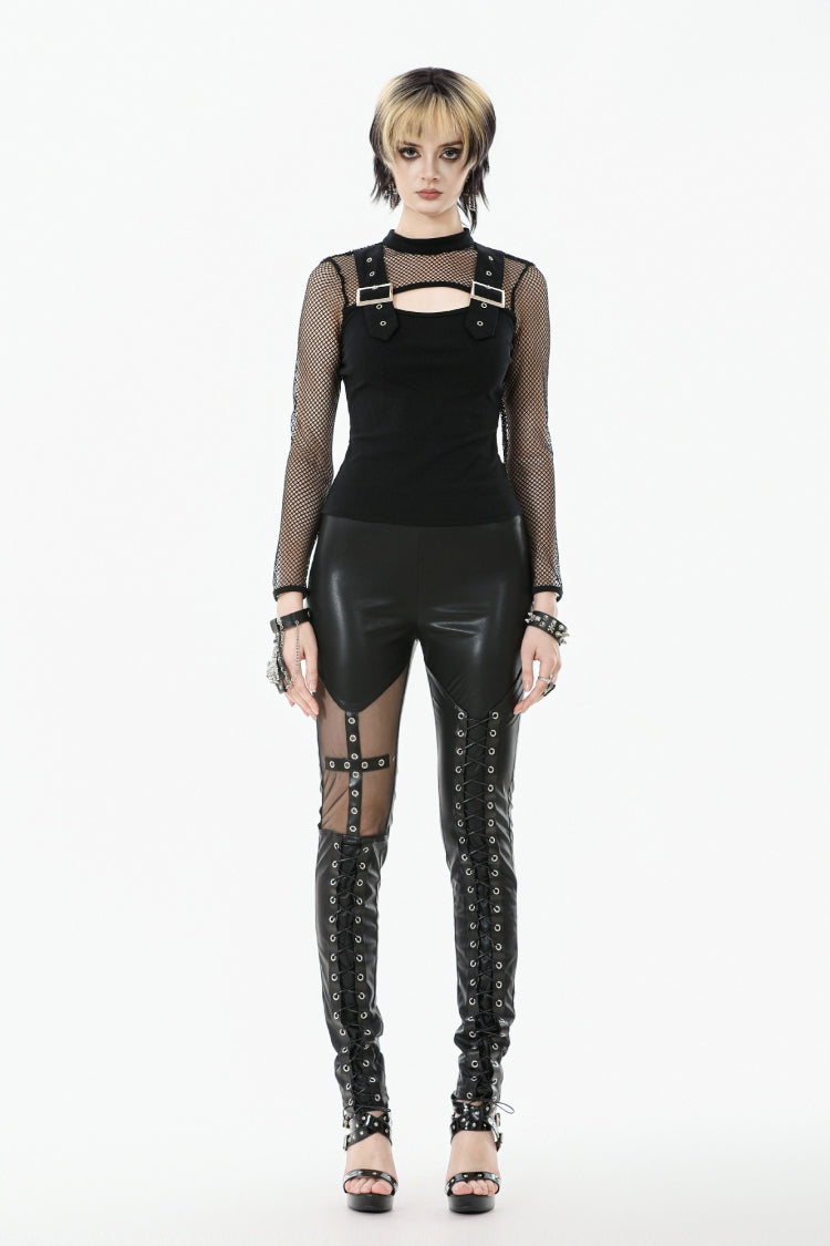 Women's Gothic Punk Pants with Sheer Mesh, PU and Cross Lace-Up Design