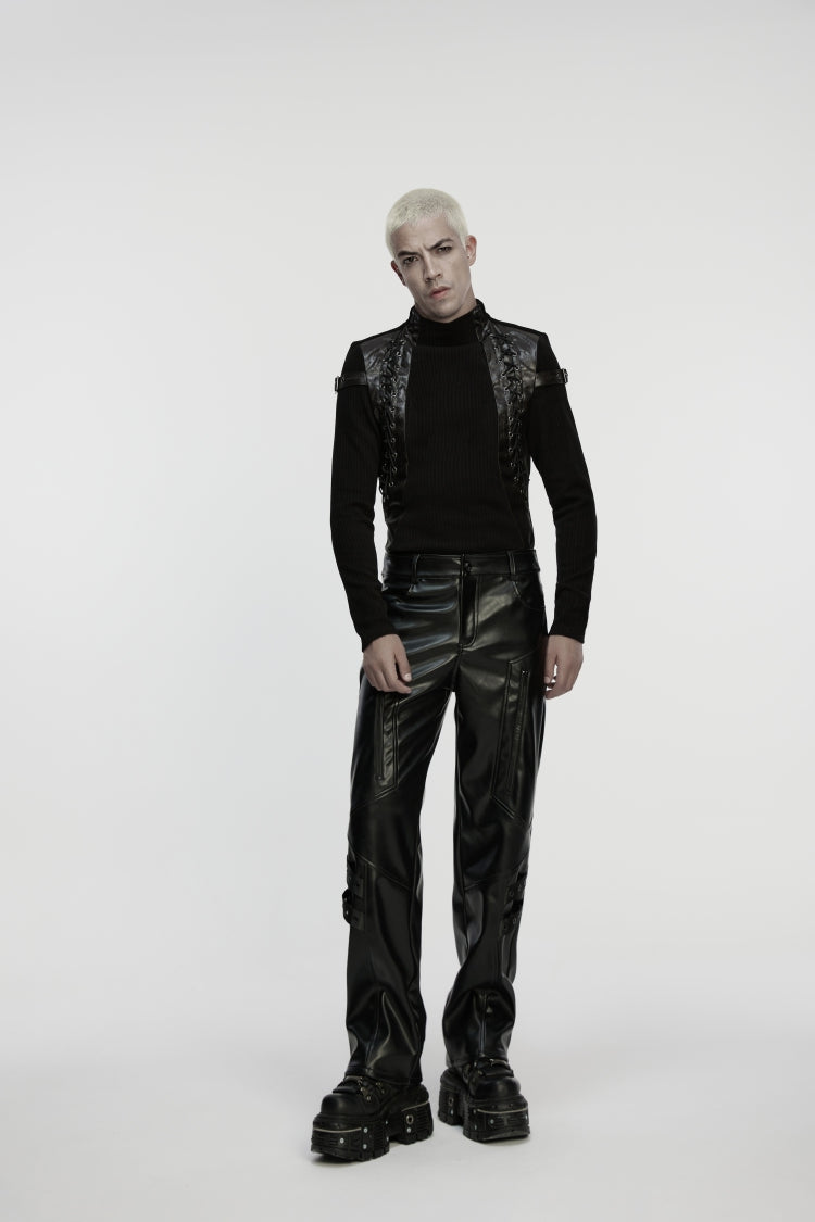 Men's Punk Faux Leather Trousers with Eyelets and Zip - Noir