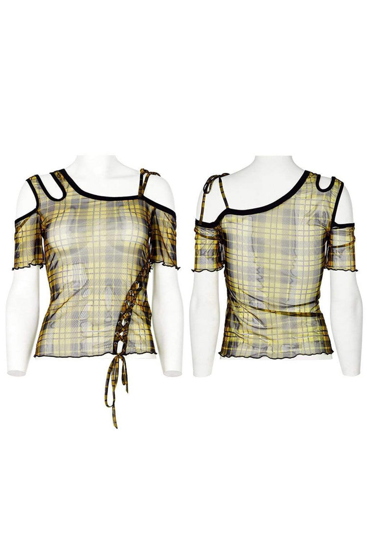Women's Punk T-Shirt with Asymmetrical Cutout Neckline, Strap Design, Plaid Mesh