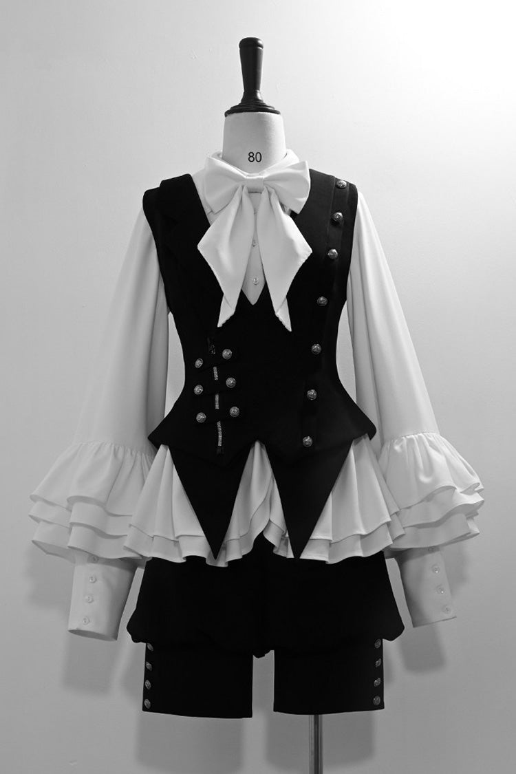 Lapel Collar Ruffled Bow Classic Prince Ouji Set - Ash