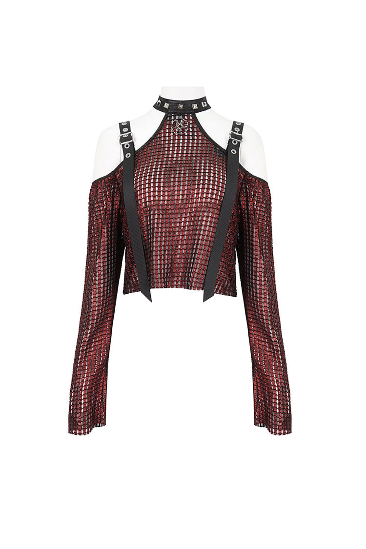 Crimson Gothic Crop Top with Buckle Details and Sheer Fabric
