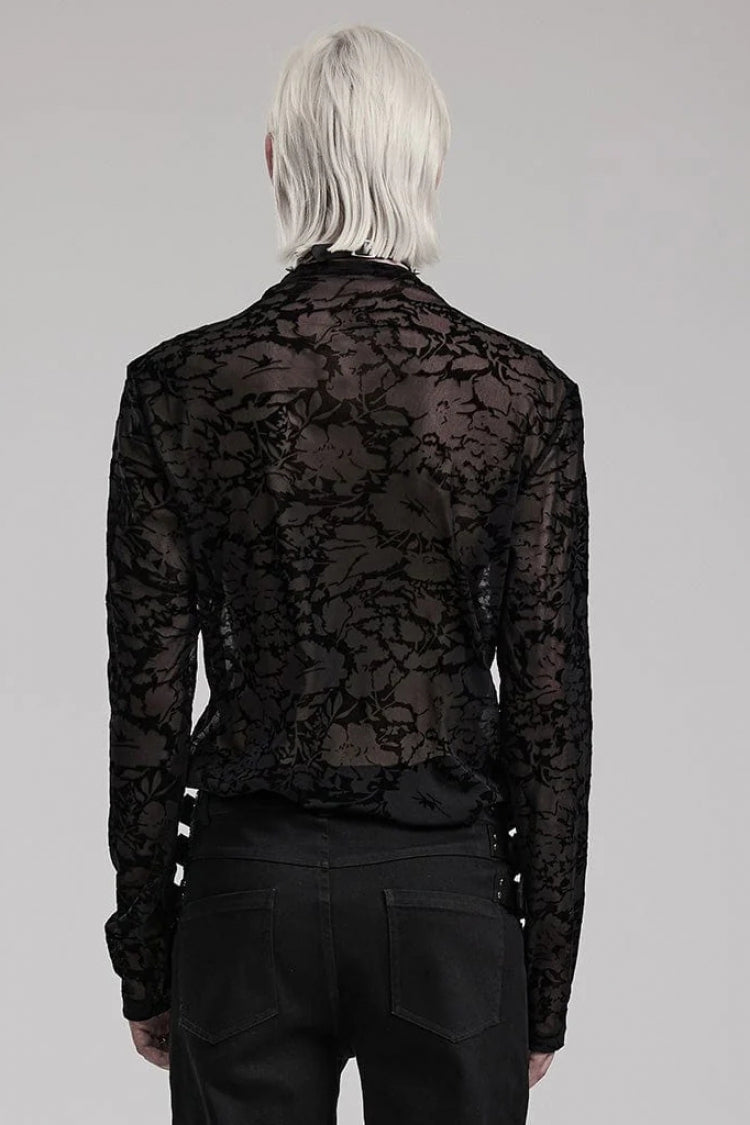 Sheer Mesh Gothic Tee with Print for Men, Long-Sleeve Lightweight Top