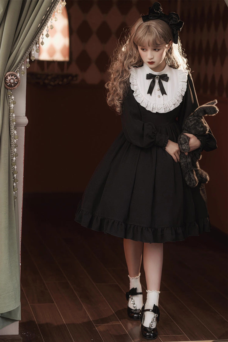 Elegant Nun-Inspired Gothic Dress with Ruffled Bow and Lace, Long Sleeves