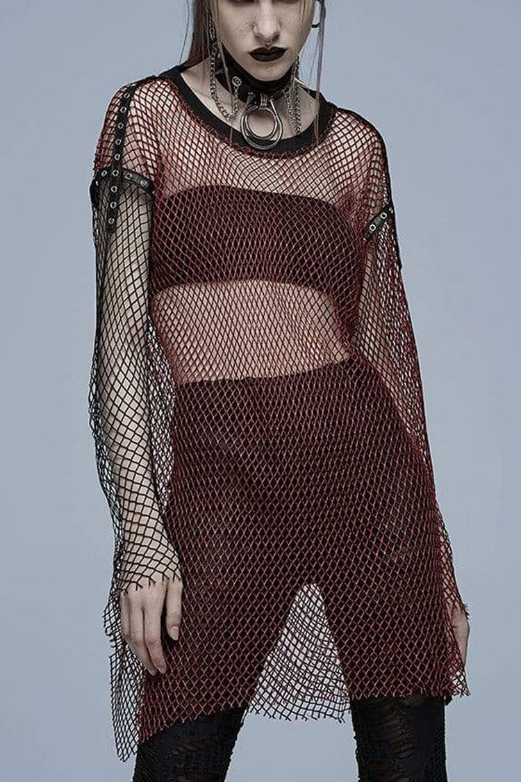 Burgundy Sheer Paneled Punk Shirt with Asymmetric Hem and Grommets
