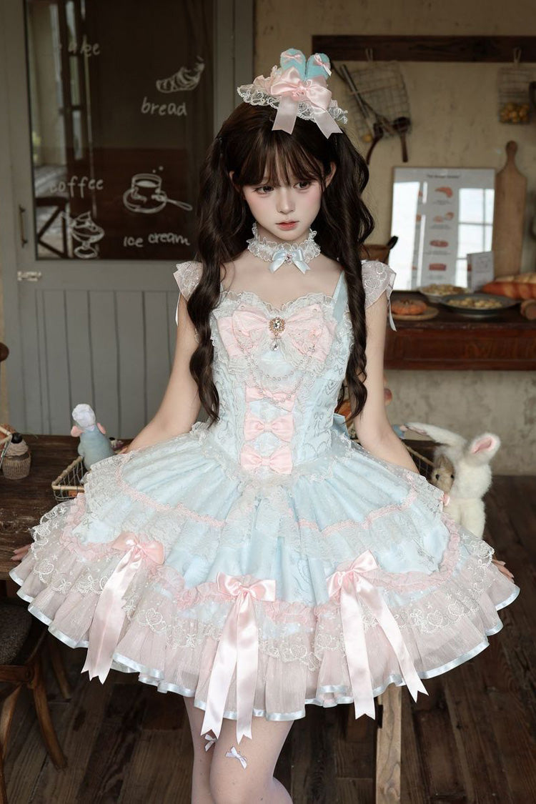 Square Collar Pearl-Trimmed Ruffled JSK with Bow Accents - Candy Satin Ballet