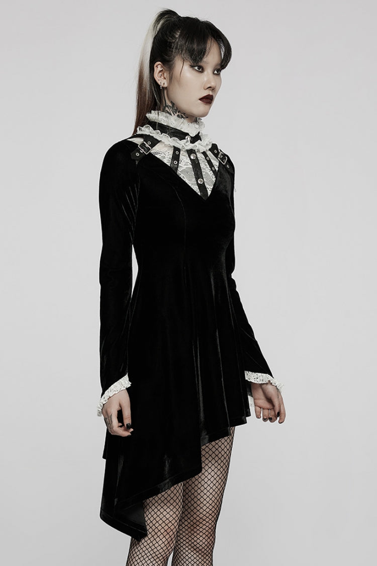 Flared Bell Sleeve Lace Patch Asymmetrical Gothic Gown - 2 Colors
