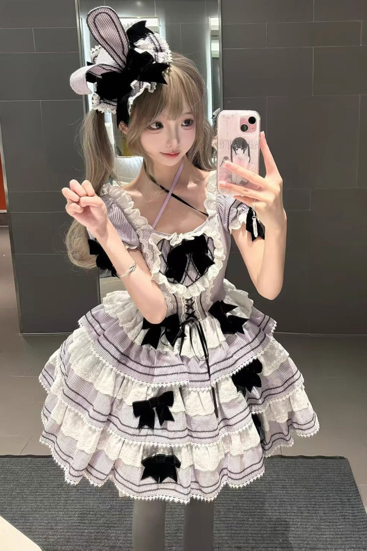 Sweet Lolita JSK with Striped Ruffle Bowknot and Lace-Up Front