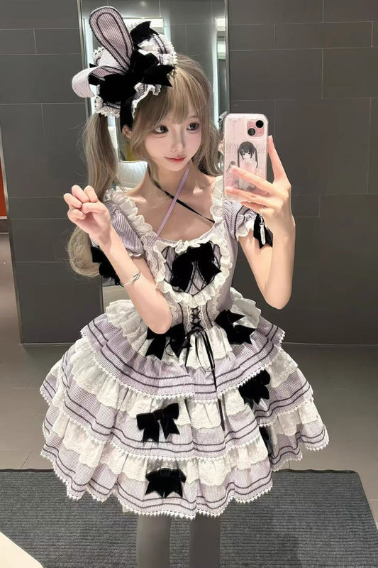 Sweet Lolita JSK with Striped Ruffle Bowknot and Lace-Up Front