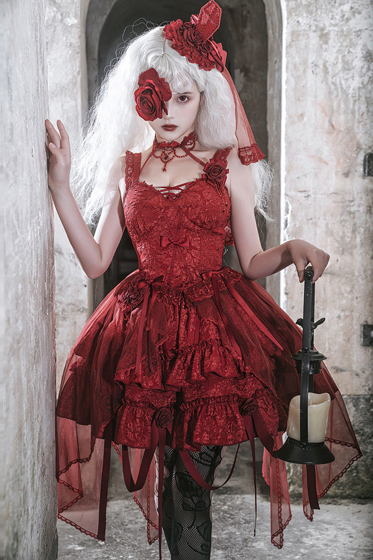 Crying Rose Double-Layer Ruffled Embroidered Bow Lace Gothic Ballet Lolita Skirt Set in 4 Shades