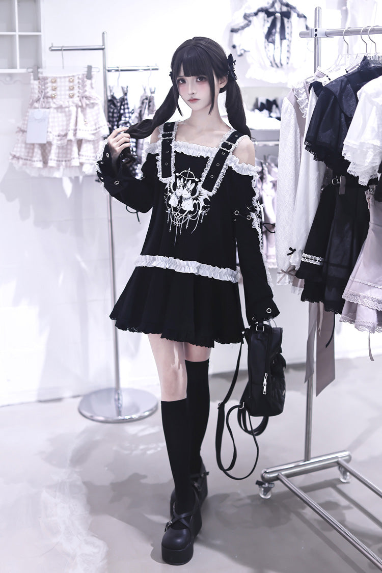 Off-Shoulder Ruffled Embroidered Punk Jirai Kei Dress - Bandage Bunny