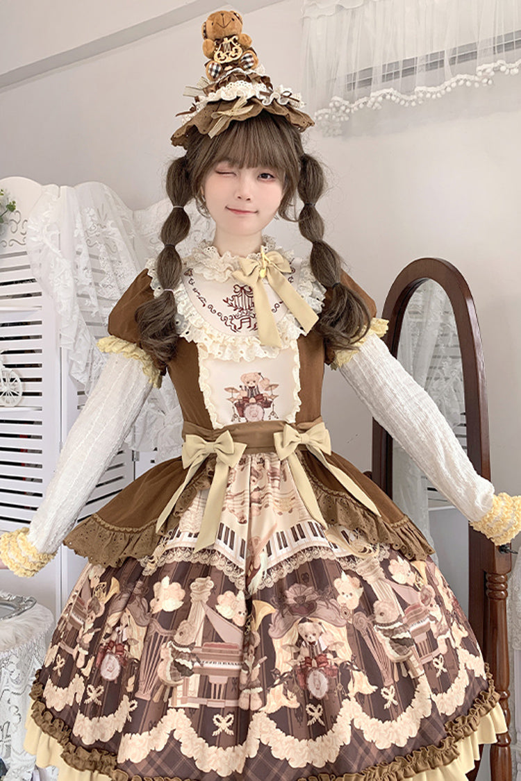Chocolate Print Ruffle Bow Princess Dress - Little Bear Concerto