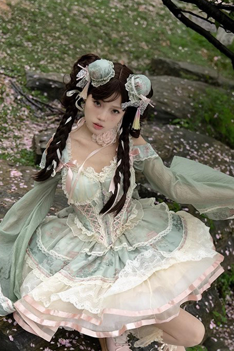 Emerald Waltz Multi-Layer Print Ruffle Bow Sweet Chinese Elegant Lolita Jumper