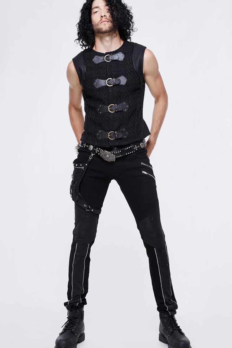 Men's Punk Waistcoat with Coarse Woolen Texture and Leather Loop Patchwork