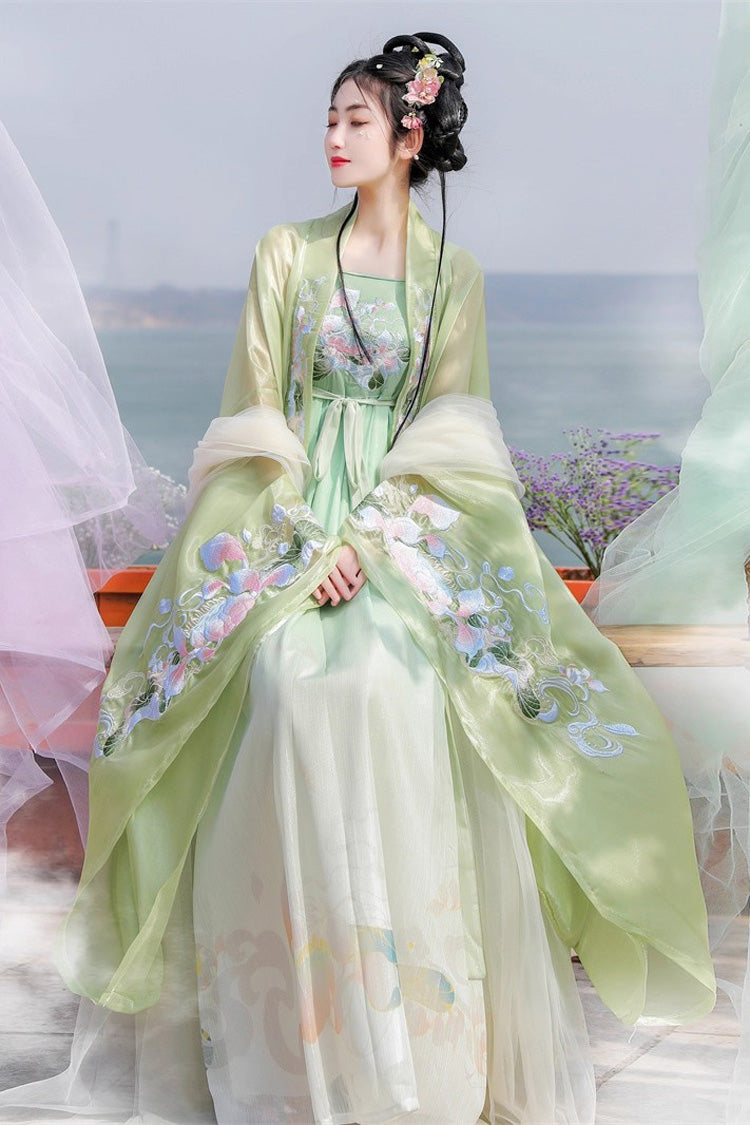 Emerald Tang Dynasty Long Trumpet Sleeve Print Embroidered Sweet Hanfu Gown