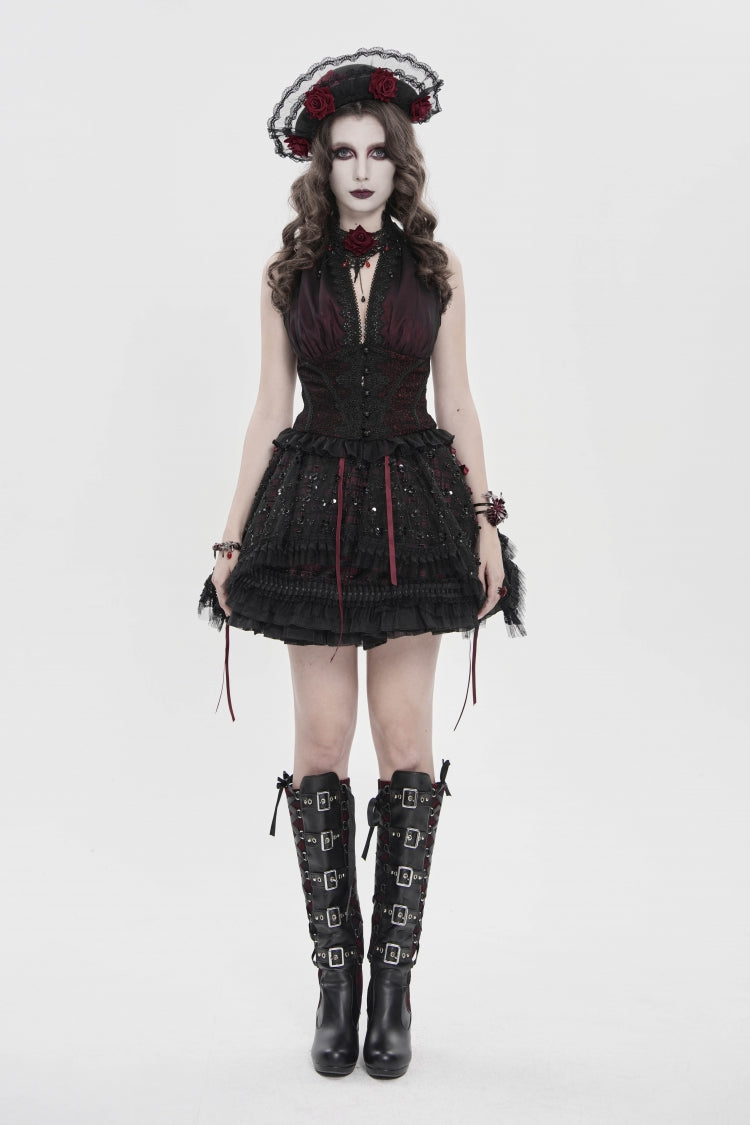 Crimson & Noir Off-Shoulder Double-Layer Embroidered Lace-Up Fitted Gothic Corset Vest