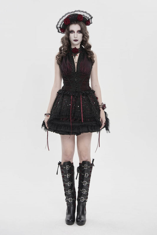 Crimson & Noir Off-Shoulder Double-Layer Embroidered Lace-Up Fitted Gothic Corset Vest