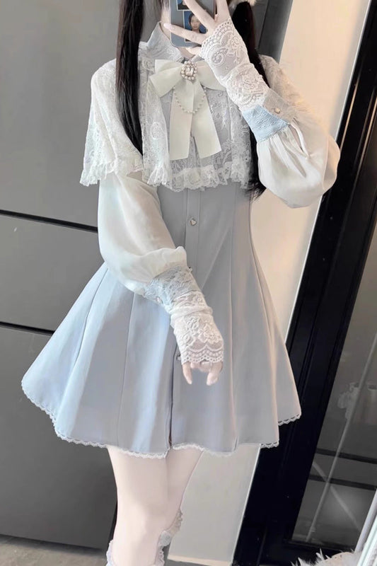 Shawl Lace Chiffon Long Sleeves Lace Slim Jirai Kei Dress