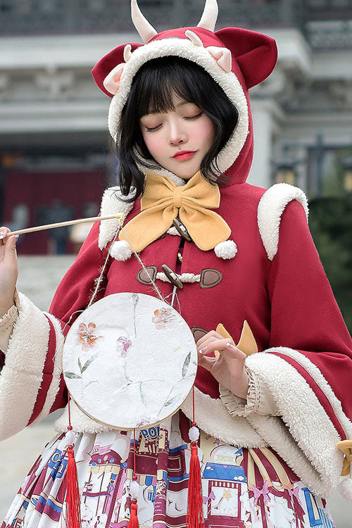 Sweet Lolita Cape Coat with Autumn Winter Double Collar, Bowknot, Single Breasted