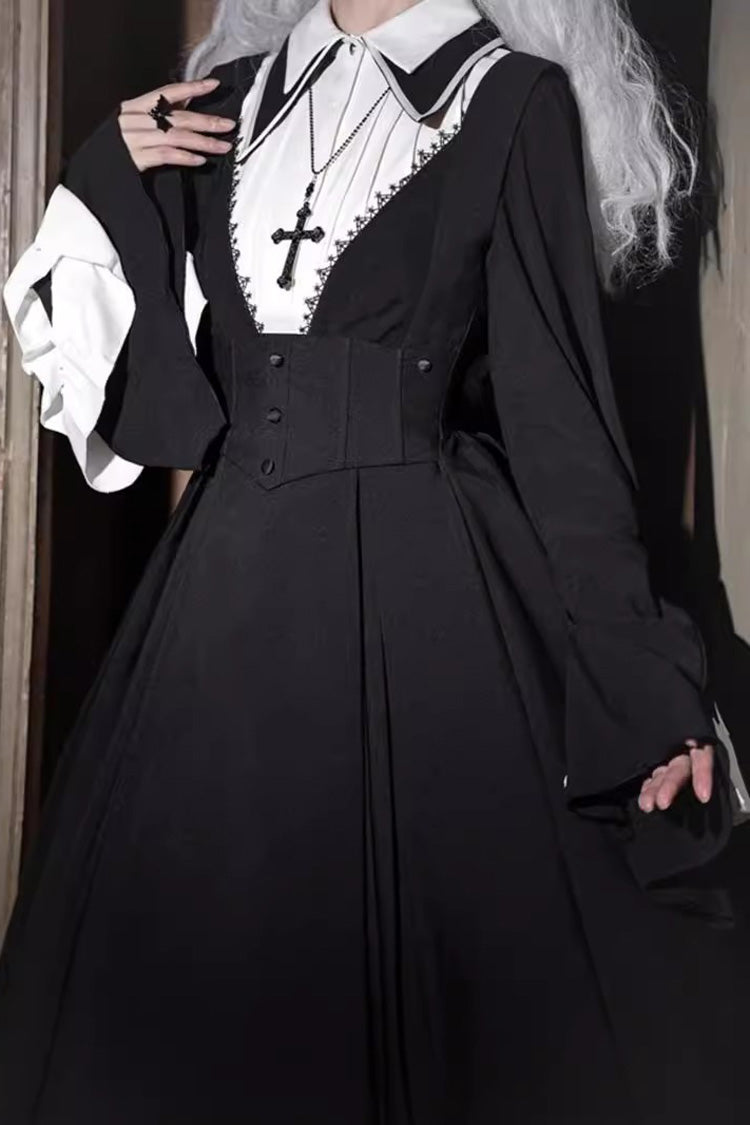 Plus Size Gothic Lolita Strap Dress Set with Nun Salute Cross and Ruffled Long Sleeves