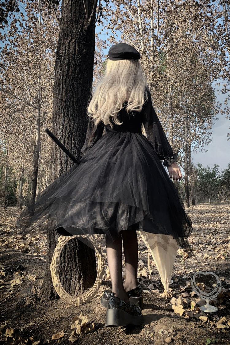 Gothic Plus-Size Lace Dress with Ruffle Bow Accents and Stitching, Long Sleeve