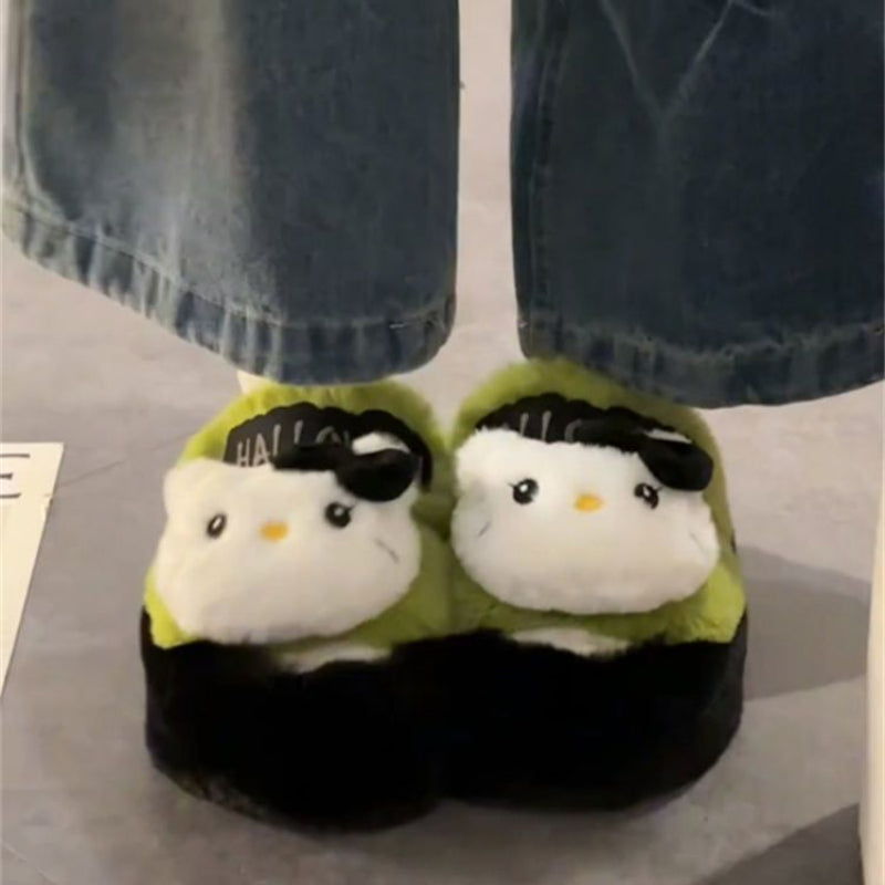 Chaussons en peluche à motif de chat vert de dessin animé KI642