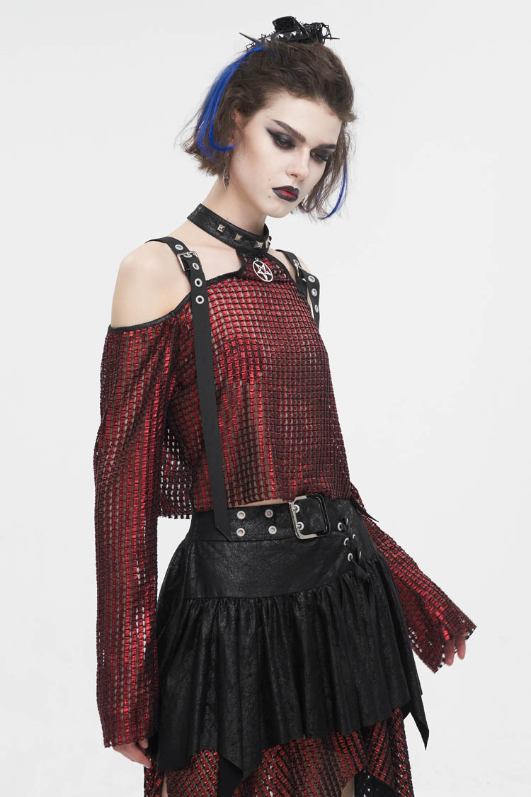 Crimson Gothic Crop Top with Buckle Details and Sheer Fabric