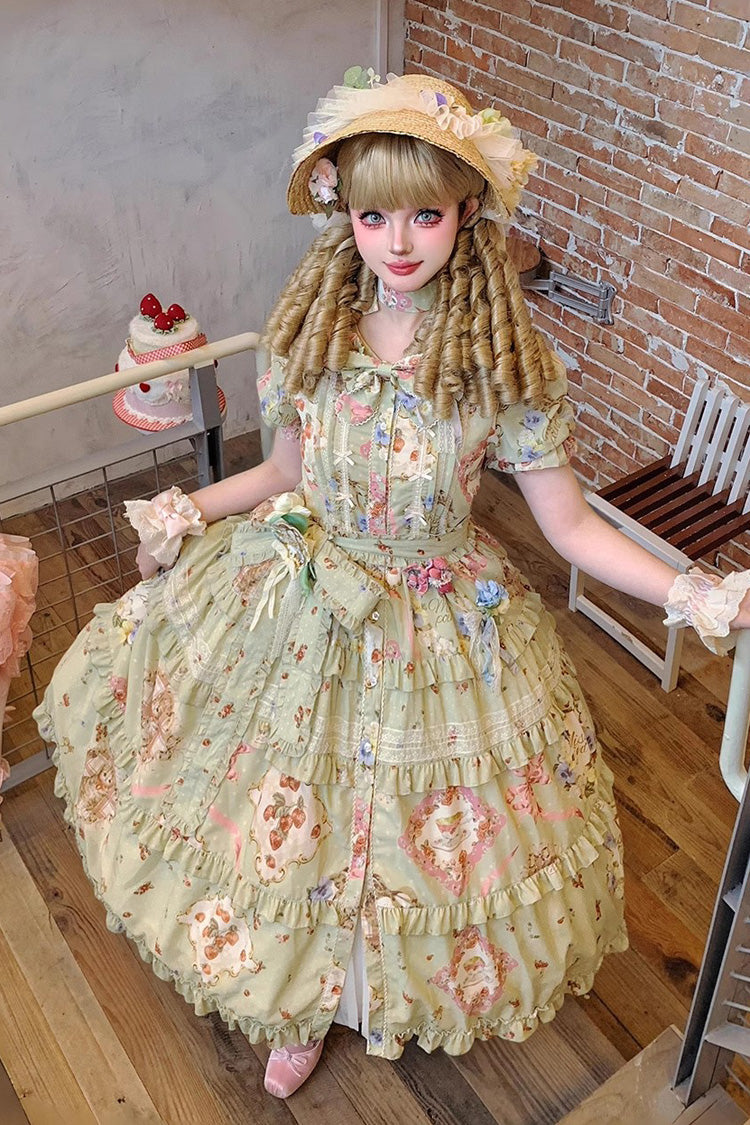 Emerald Cat Rose Tea Short Sleeve Printed Ruffle Cardigan Bow Daily Lolita Gown