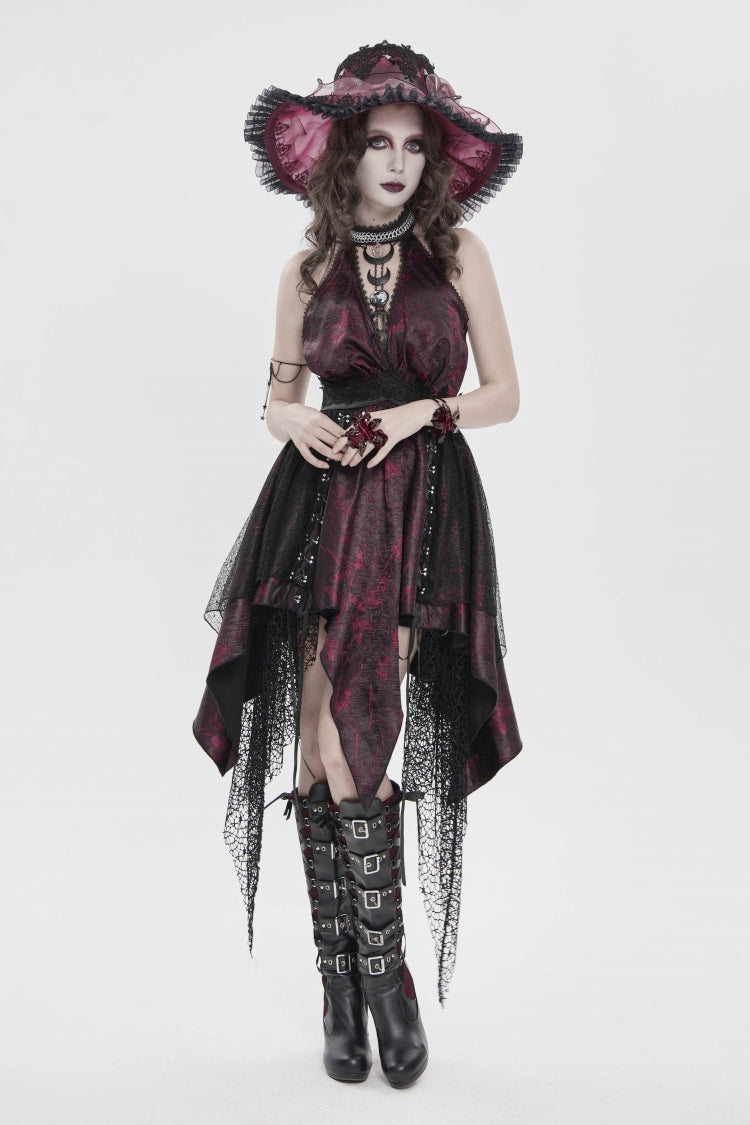 Crimson & Noir Strapless Layered Lace Tassel Gothic Dress with Print