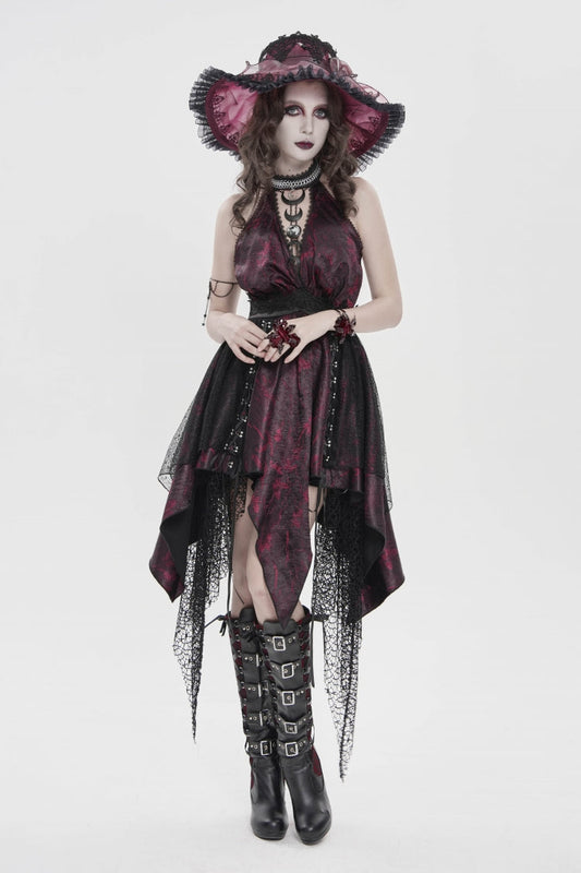 Crimson & Noir Strapless Layered Lace Tassel Gothic Dress with Print