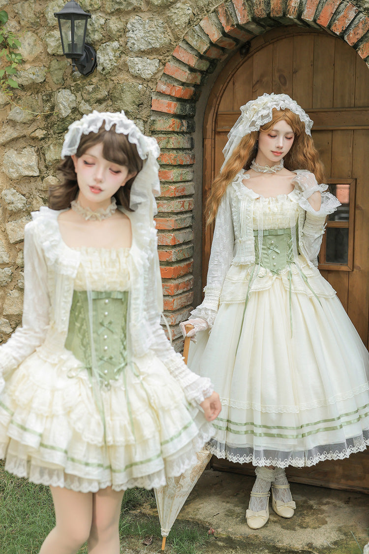 Emerald Square Neck Ruffled Lace Bow Accent Sweet Lolita JSK in Two Styles
