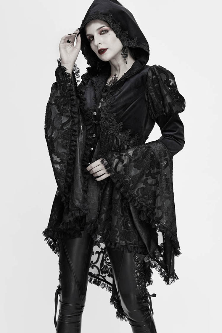 Gothic Velvet Hooded Coat with Metal Buttons, Lace Cuffs & Chest Decals
