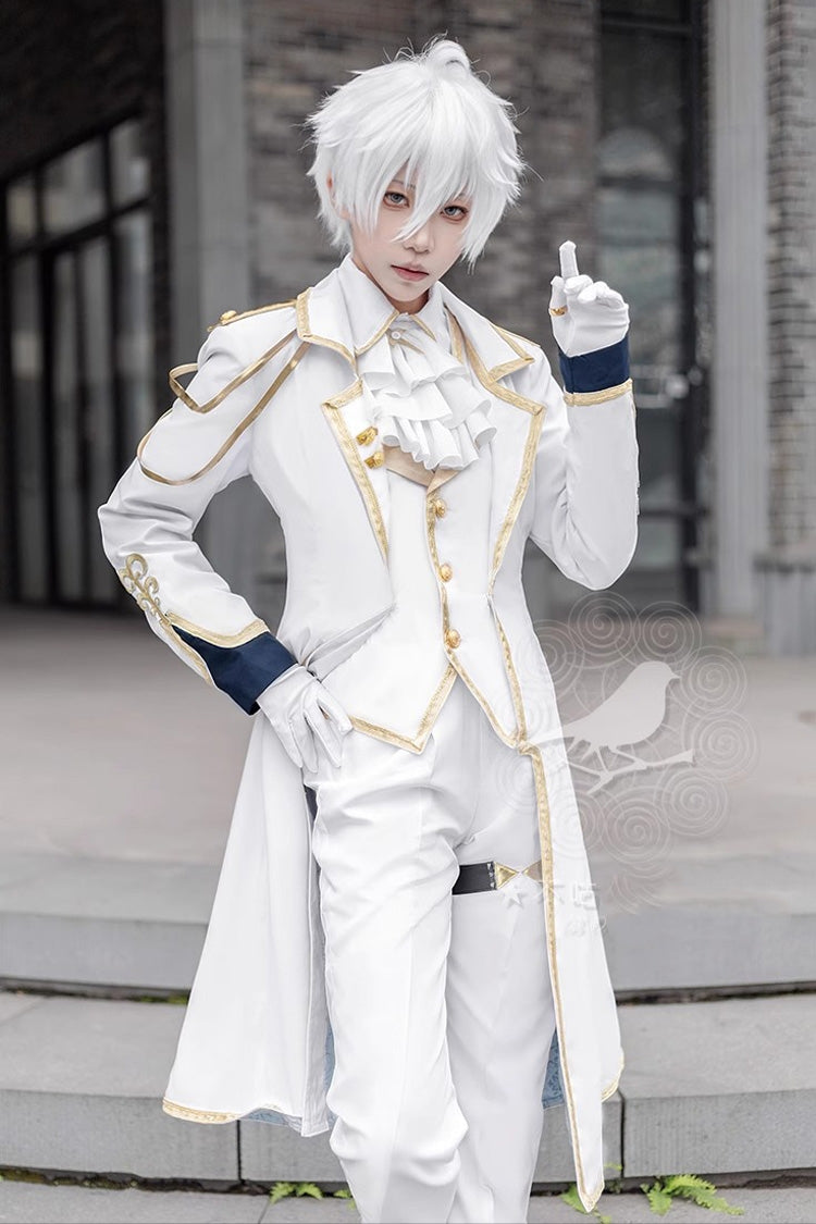 White Angelic Prince Elegant Ouji Lolita Ensemble with Coat, Shirt, Trousers, Waistcoat, Scarf