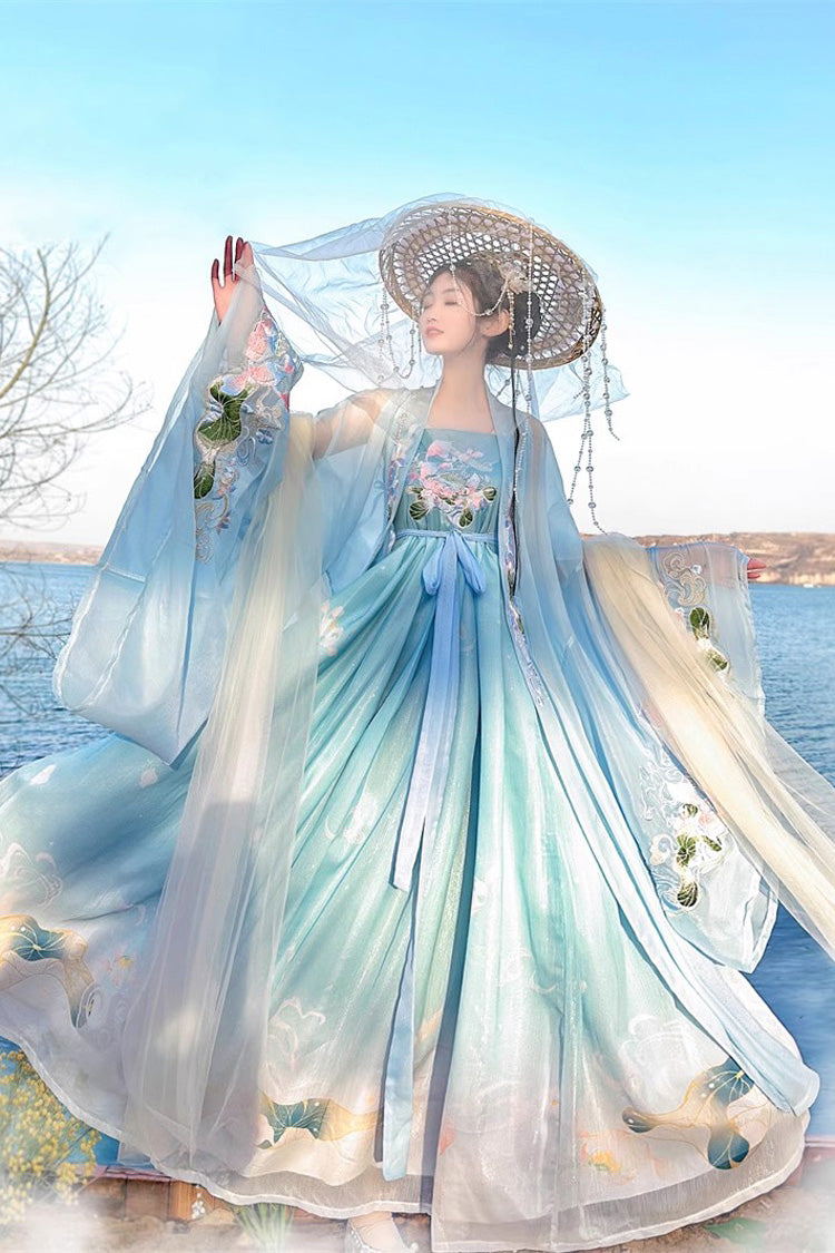 Azure Tang Dynasty Long Flared Sleeves Embroidered Hanfu Gown