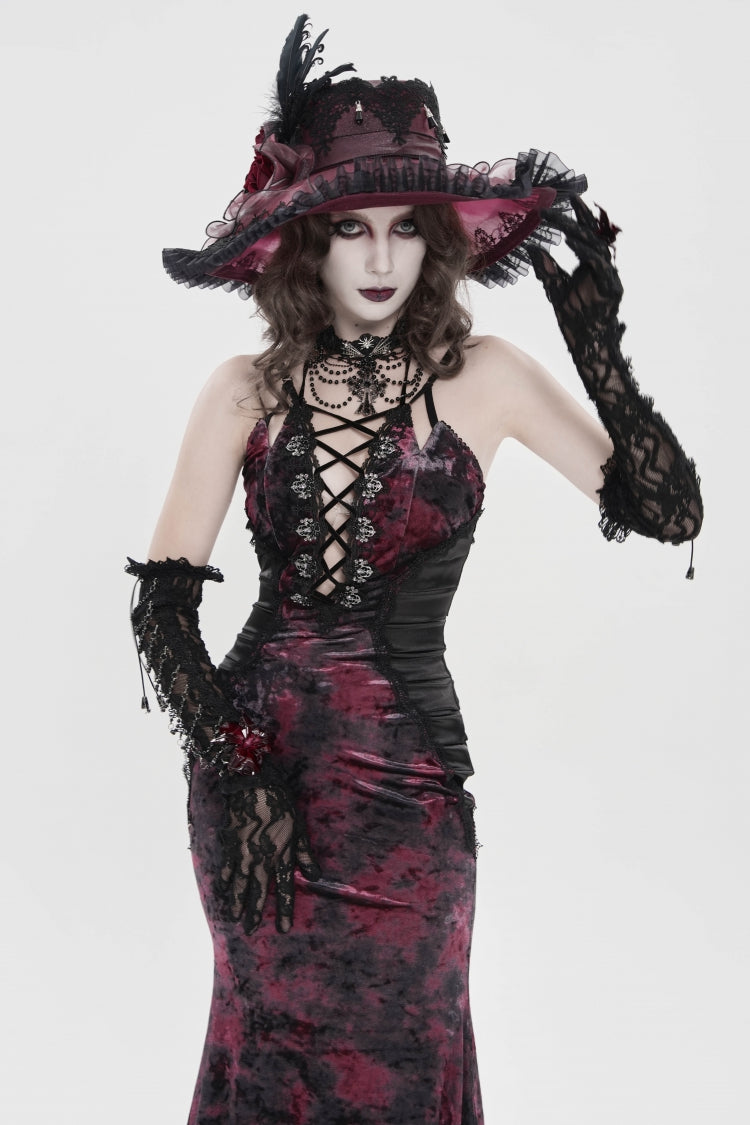 Crimson & Noir Halter Neck Printed Hanayome Lace-Up Fitted Pleated Gothic JSK Dress