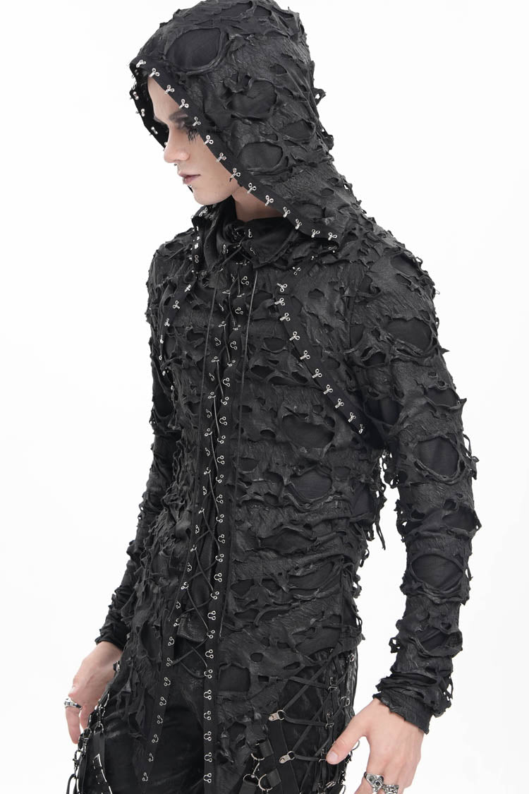 Gothic Hooded Coat with Studs and Lace-Up Front
