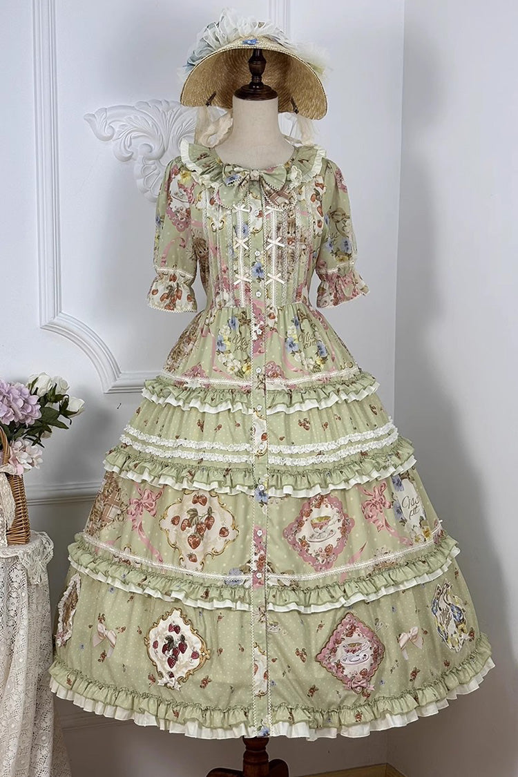 Emerald Cat Rose Tea Short Sleeve Printed Ruffle Cardigan Bow Sweet Lolita Gown