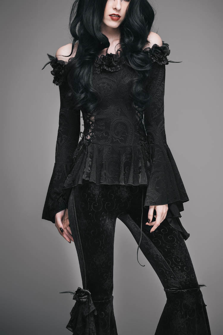 Gothic One-Shoulder Blouse with Rose, Lace-Up Flare Sleeves & Side Splice
