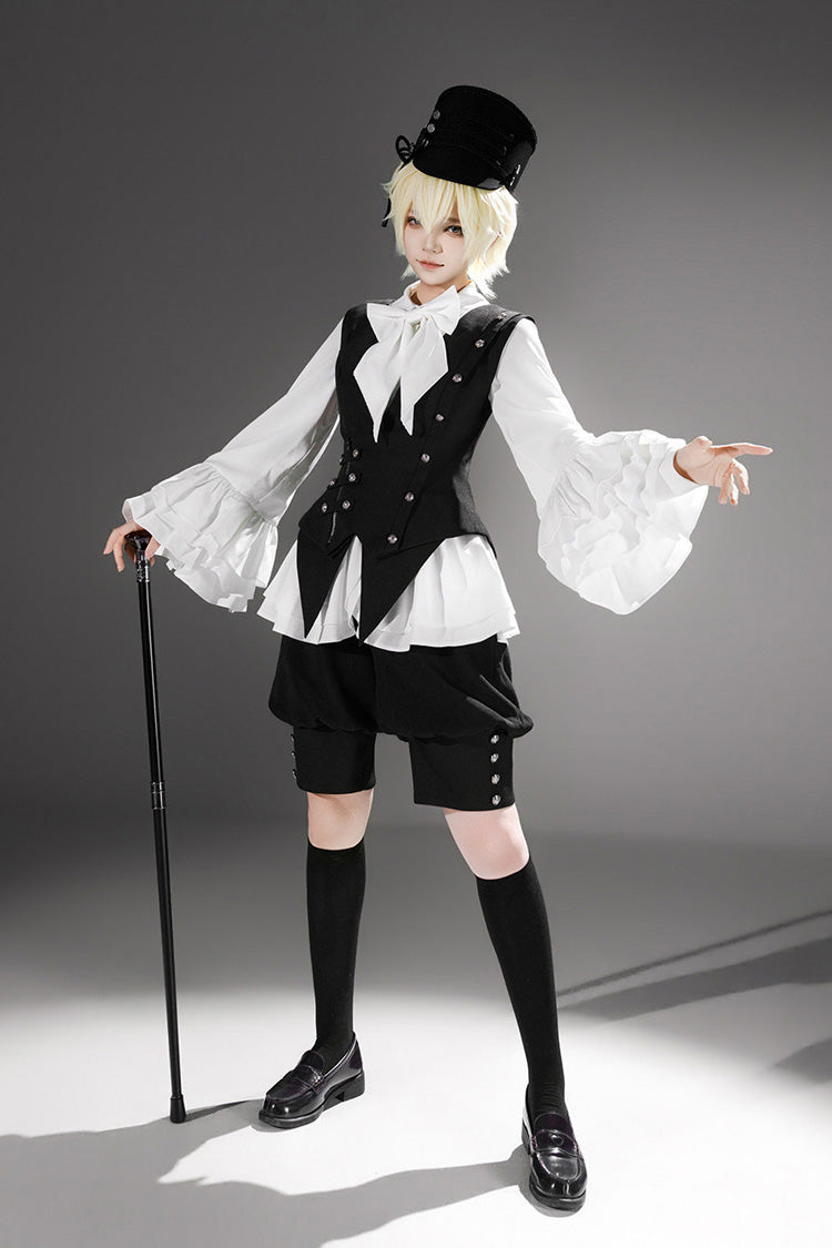 Lapel Collar Ruffled Bow Classic Prince Ouji Set - Ash