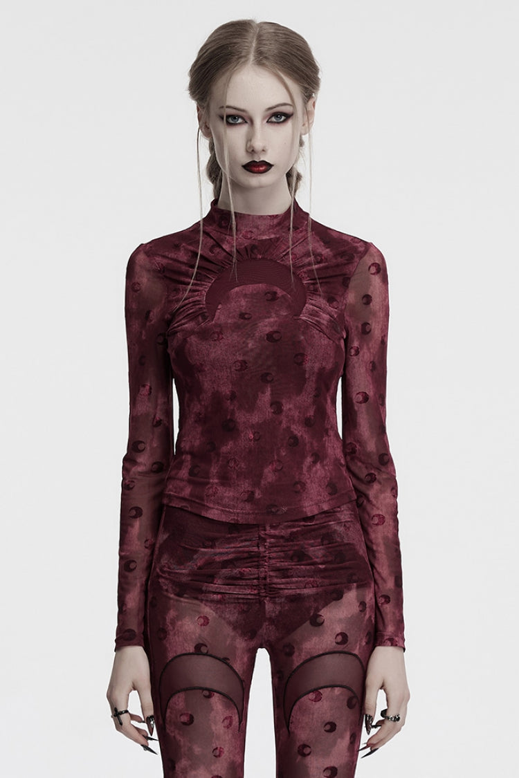 Crimson Gothic Blouse with Moon Print and Ruched Mesh