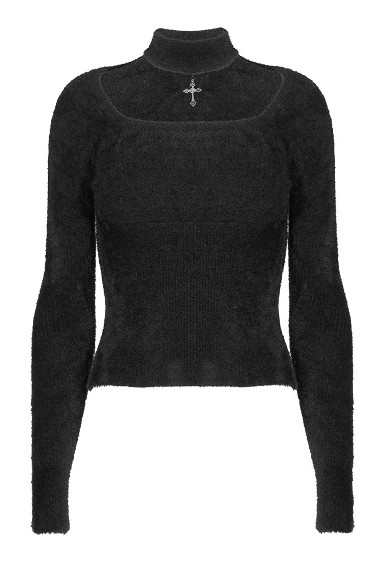Punk Long Sleeve Top with Metal Cross & Hollow-Carved Knit Design in Black