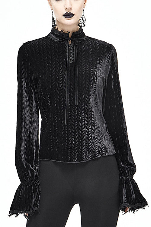 Pleated Velvet Trumpet Sleeve Blouse for Women - Gothic Edge