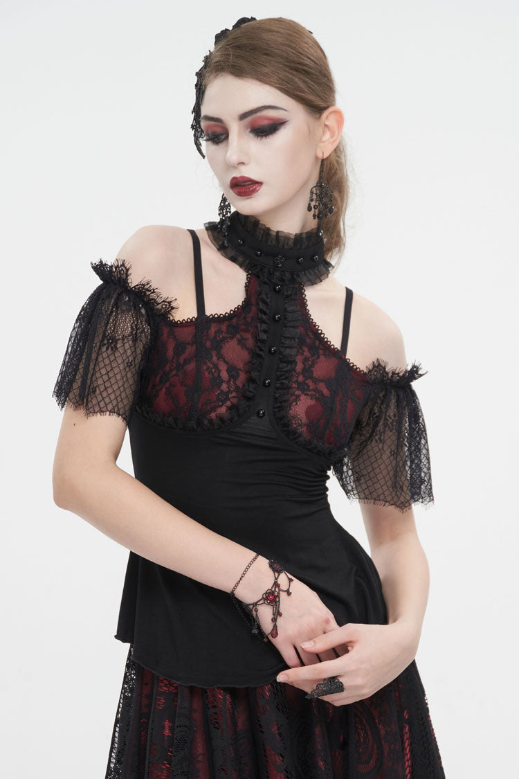 Crimson & Noir Off-Shoulder Lace Round Collar Panel Gothic Shirt