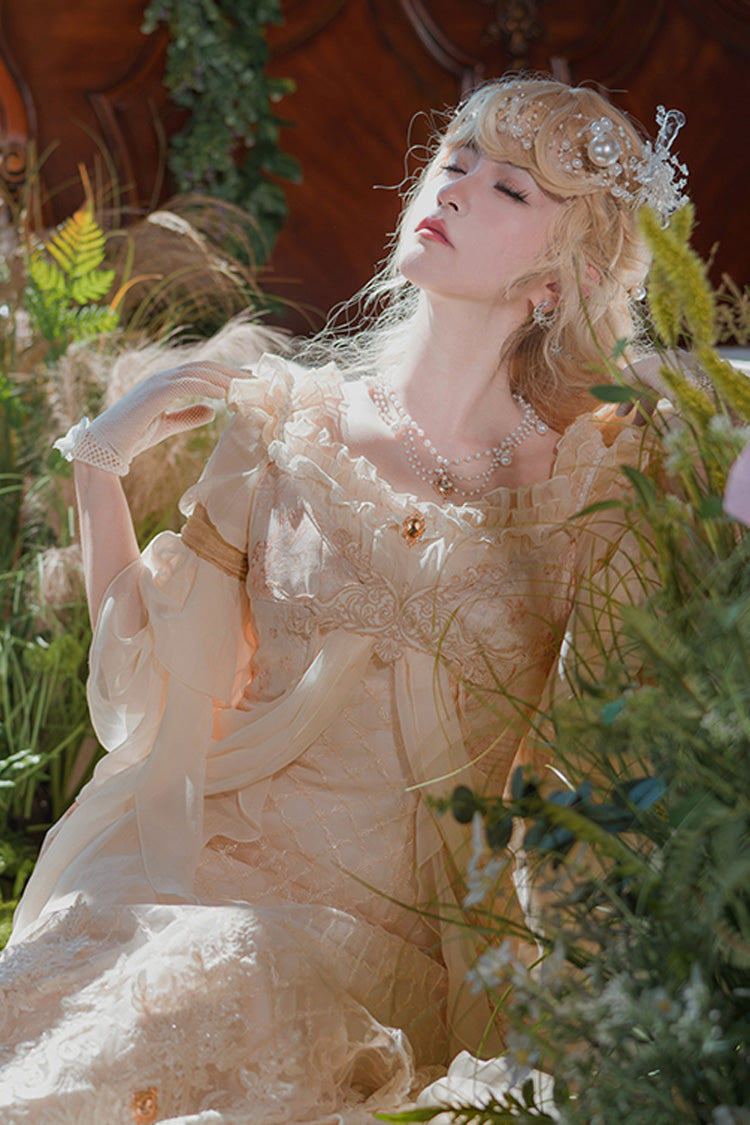 Bathing in the Light Short Sleeves Dress, Ruffle Embroidery Lace Sweet Elegant