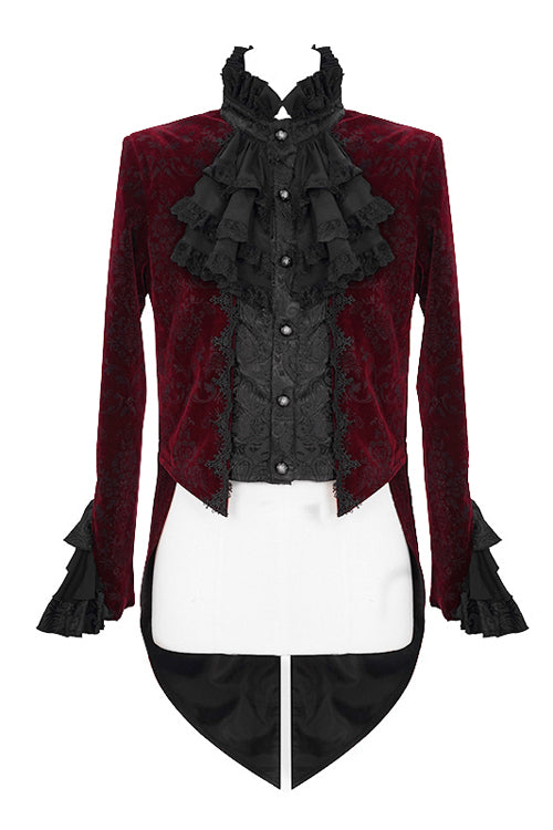Lotus Leaf Corsage Collar Men's Red Gothic Swallowtail Coat