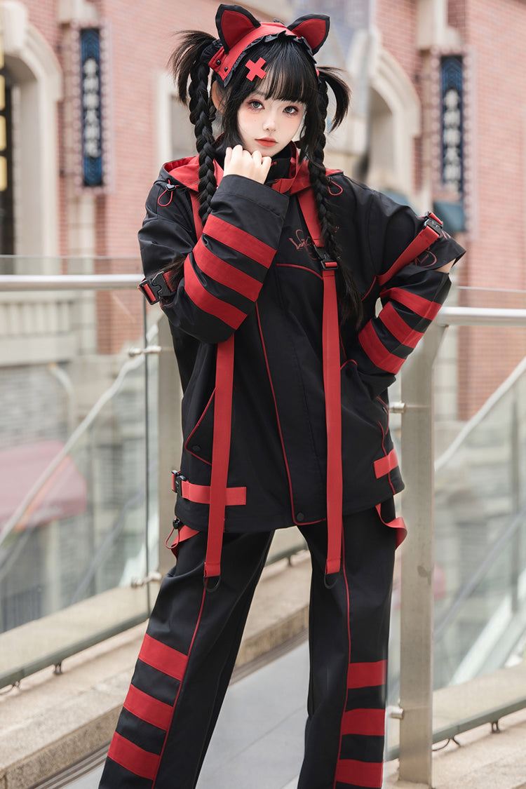 Crimson & Noir Long Sleeve Print Cat Ear Hooded Jirai Kei Stylish Coat