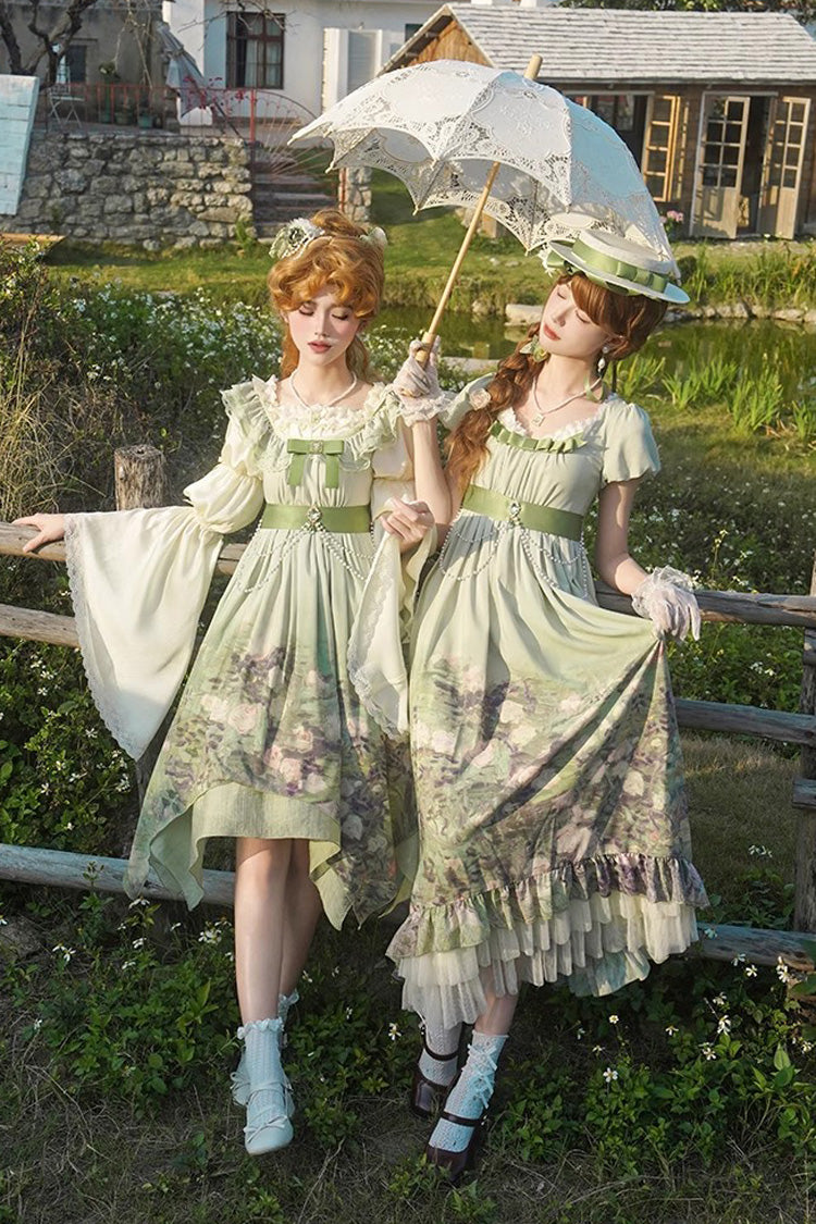 Emerald Blooming Roses Oil Painting Chiffon Ruffle Bow Irregular Sweet Lolita Jumper